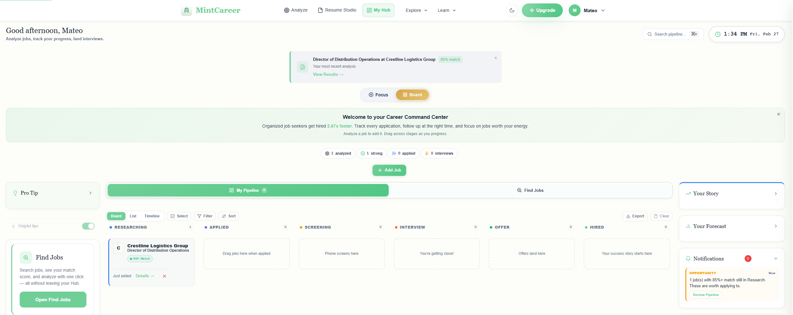 MintCareer Hub showing job pipeline from research to offer